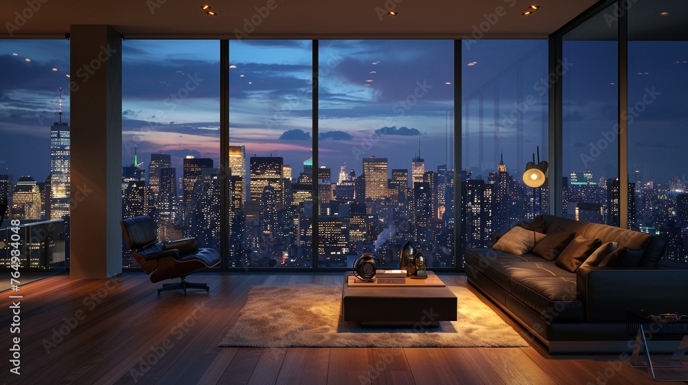 Expansive serene nighttime view from a minimalist urban apartment Expansive serene nighttime view from a minimalist urban apartment