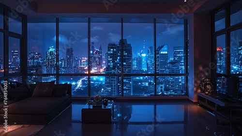 Expansive serene nighttime view from a minimalist urban apartment