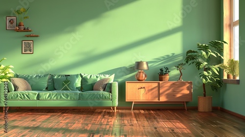 "An interior setting showcasing a green mint wall complemented by a sofa and sideboard, set on a wood floor."