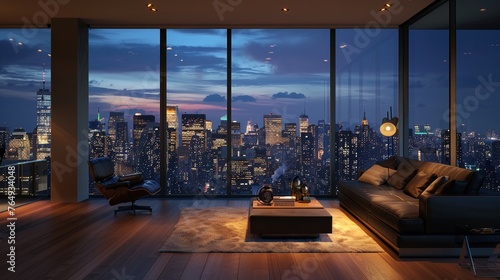 Expansive serene nighttime view from a minimalist urban apartment