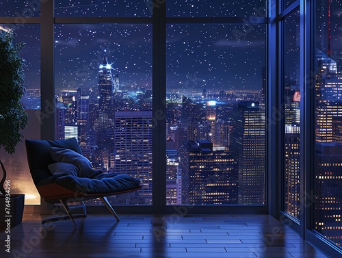 Expansive urban view from a serene empty apartment