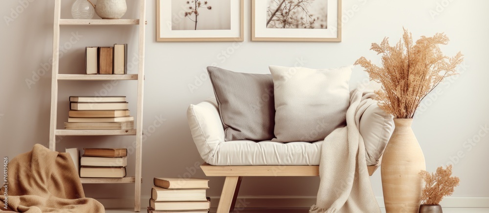 A cozy chair adorned with cushions next to a vase filled with colorful fresh flowers, creating a warm and inviting atmosphere A cozy chair adorned with cushions next to a vase filled with colorful fresh flowers, creating a warm and inviting atmosphere