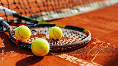 "Tennis racquets accompanied by tennis balls, set on a clay court." © Bahram