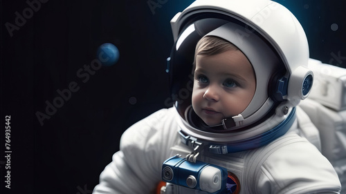 Baby boy astronaut in spacesuit floating in outer space. Earth planet on background. Designed for fantastic, futuristic, science or space travel backgrounds. Earth day cosmonautics day concept photo