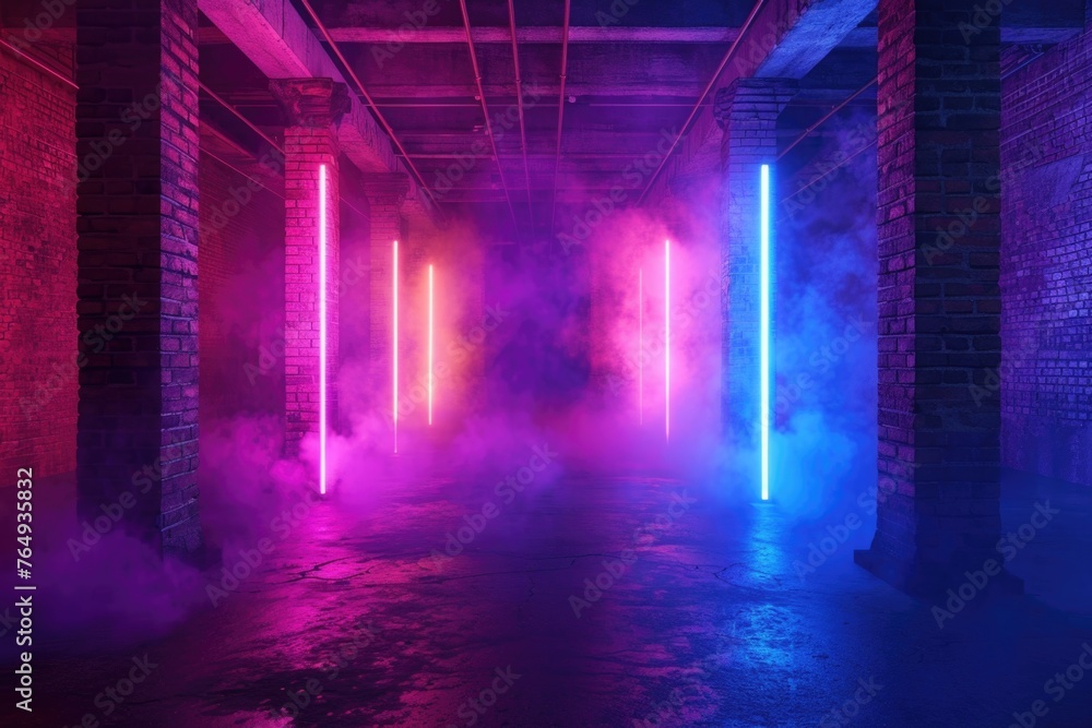 Background of an empty room with brick walls and neon lights  laser lines and multi colored smoke