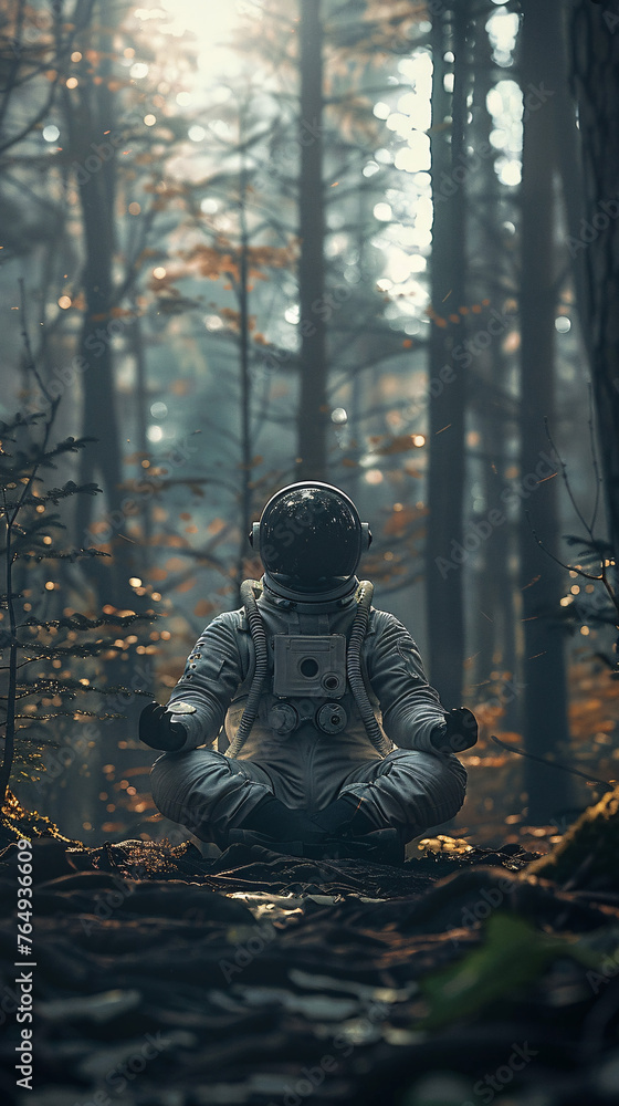 cosmonaut in a meditation center in the woods, person in the woods