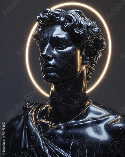 statue of a person, black marble statue of a man facing forwards with a glowing halo behind brimming with power illuminating the space behind him photo