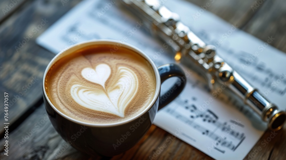 Coffee with heart shape latte art and music sheet flute on wooden table. - obrazy, fototapety, plakaty 