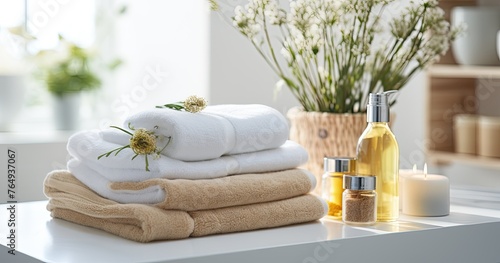 Bath towels with beauty treatment products setting in spa center in white room,