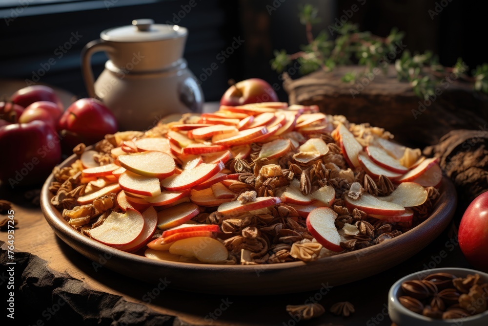 Succulent dry apple slices and whole apples on a wooden plate in the white backgro, generative IA