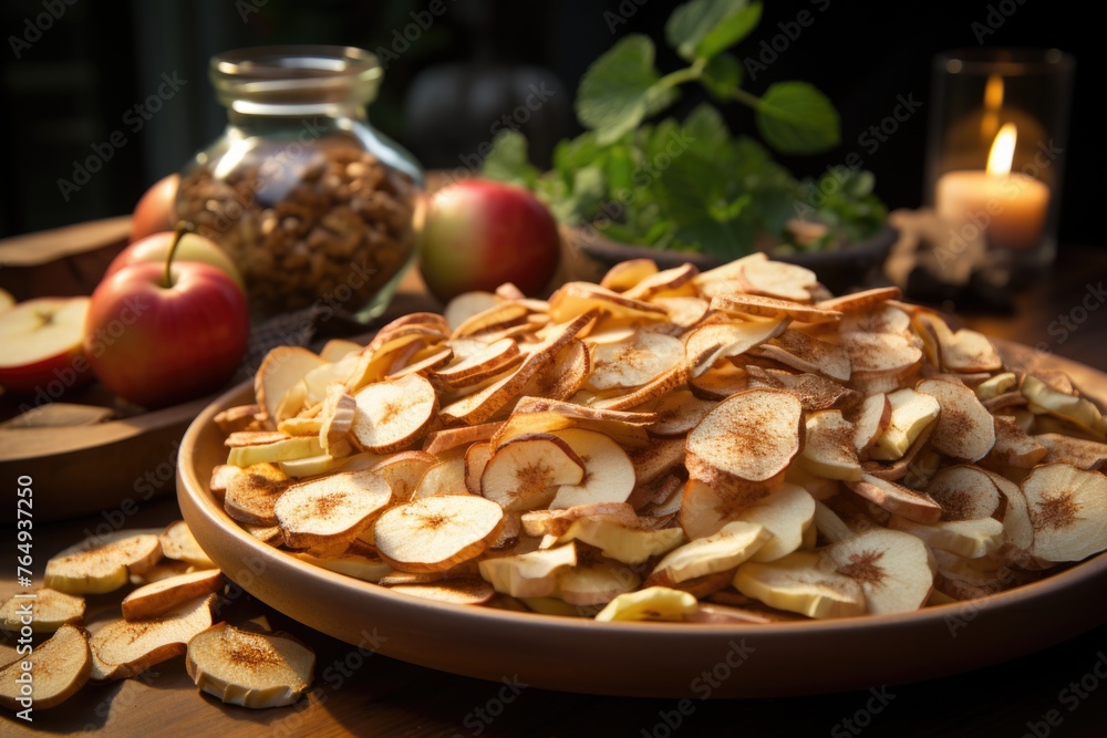 Succulent dry apple slices and whole apples on a wooden plate in the white backgro, generative IA