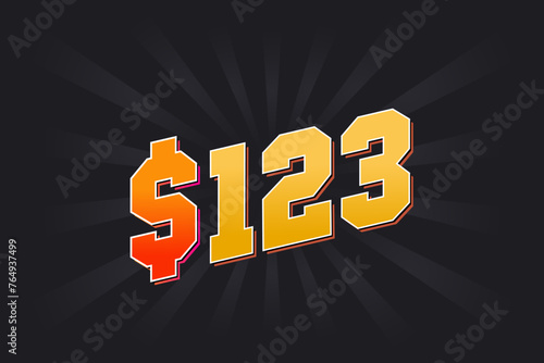 123 Dollar American Money vector text symbol. $123 USD United States Dollar stock vector