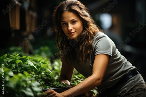 Young woman taking care of the plants. Brunette with a hat and gloves. Woman uses , generative IA
