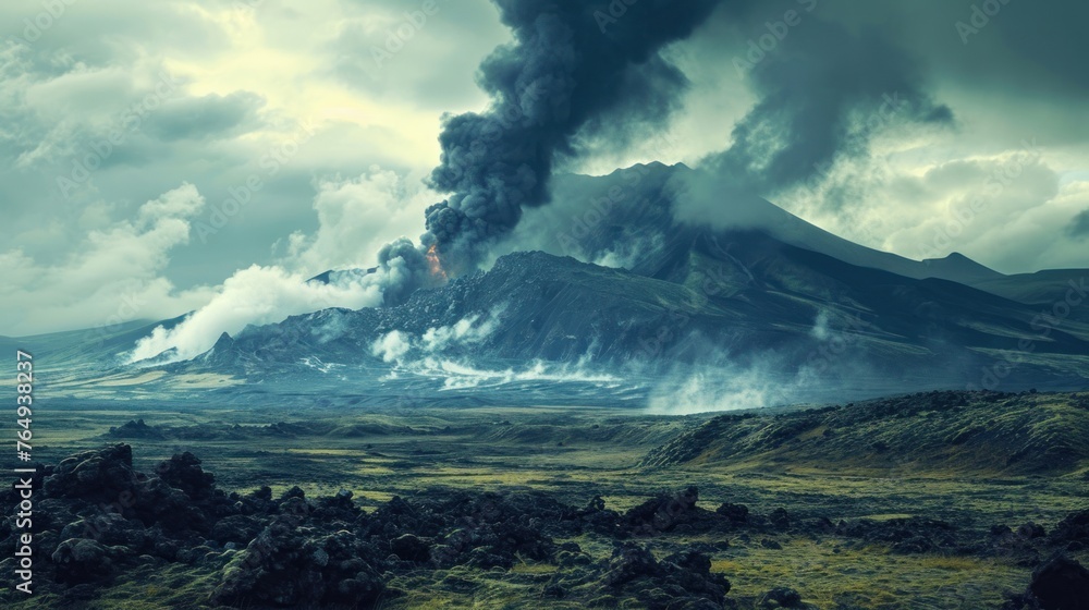 Prehistoric forest with a smoking erupting volcano.
