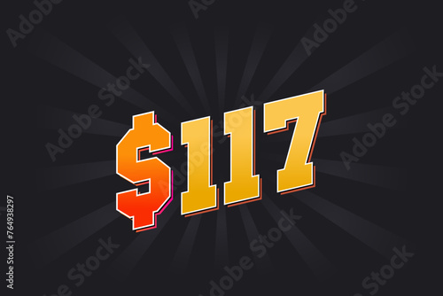 117 Dollar American Money vector text symbol. $117 USD United States Dollar stock vector