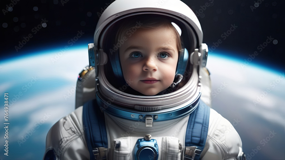 Baby boy astronaut in spacesuit floating in outer space. Earth planet on background. Designed for fantastic, futuristic, science or space travel backgrounds. Earth day cosmonautics day concept Baby boy astronaut in spacesuit floating in outer space. Earth planet on background. Designed for fantastic, futuristic, science or space travel backgrounds. Earth day cosmonautics day concept