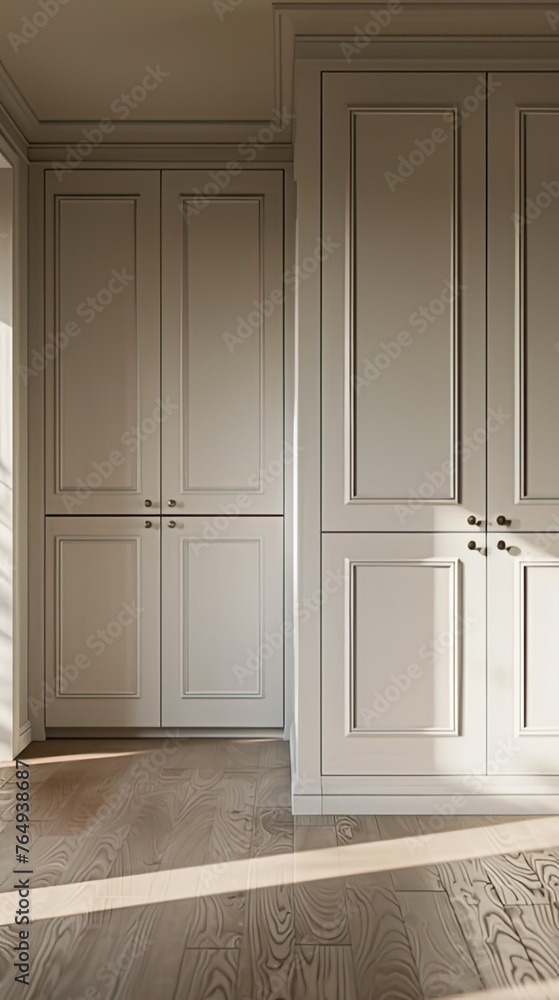 classic wardrobe cabinets in an architectural interior during daytime, employing professional photography to accentuate the focal point while showcasing the intricate details.