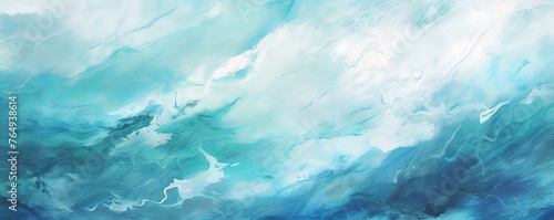 Cyan and white painting with abstract wave patterns