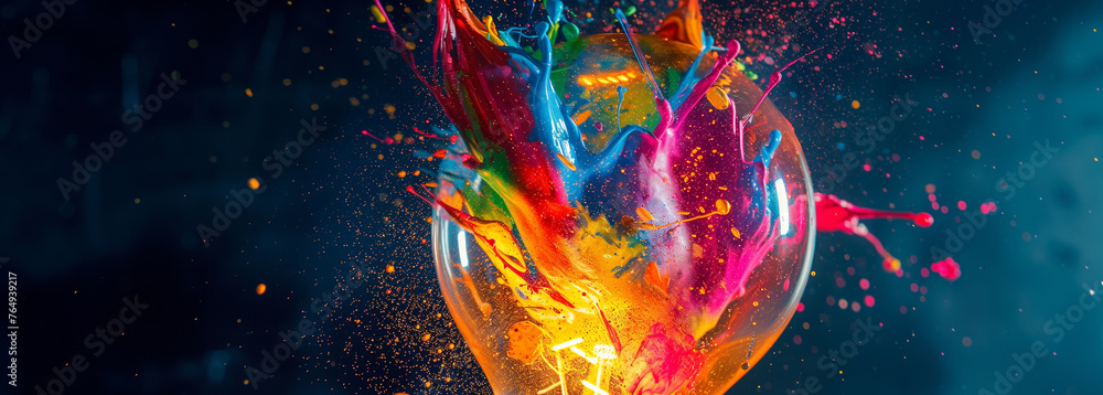Light bulb explodes with colorful paint and splashes. Think differently creative idea concept - obrazy, fototapety, plakaty 