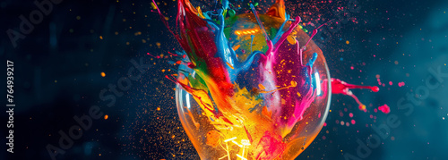 Light bulb explodes with colorful paint and splashes. Think differently creative idea concept