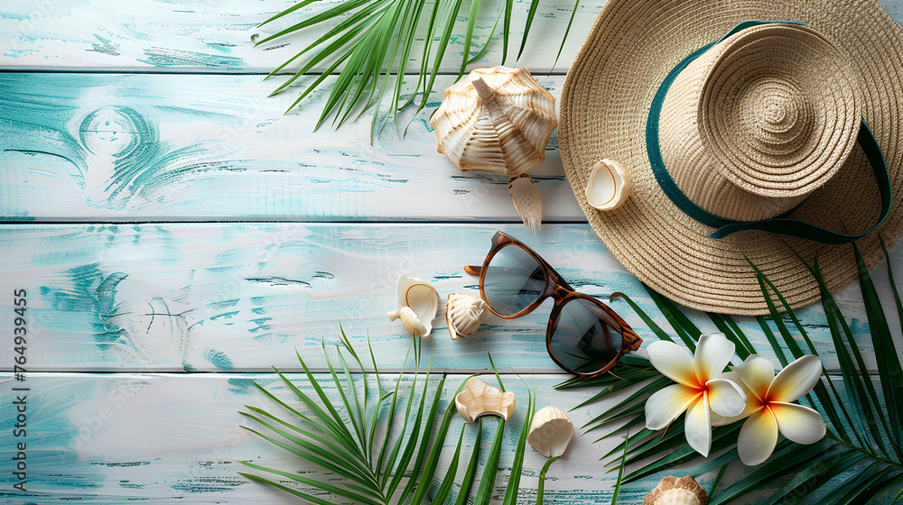 Summer accessories on white wooden background Summer accessories on white wooden background