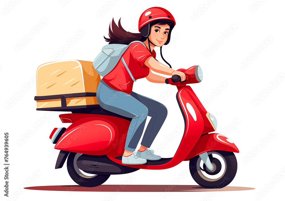red scooter food delivery service - moped fast package delivery woman illustration. red scooter food delivery service - moped fast package delivery woman illustration.