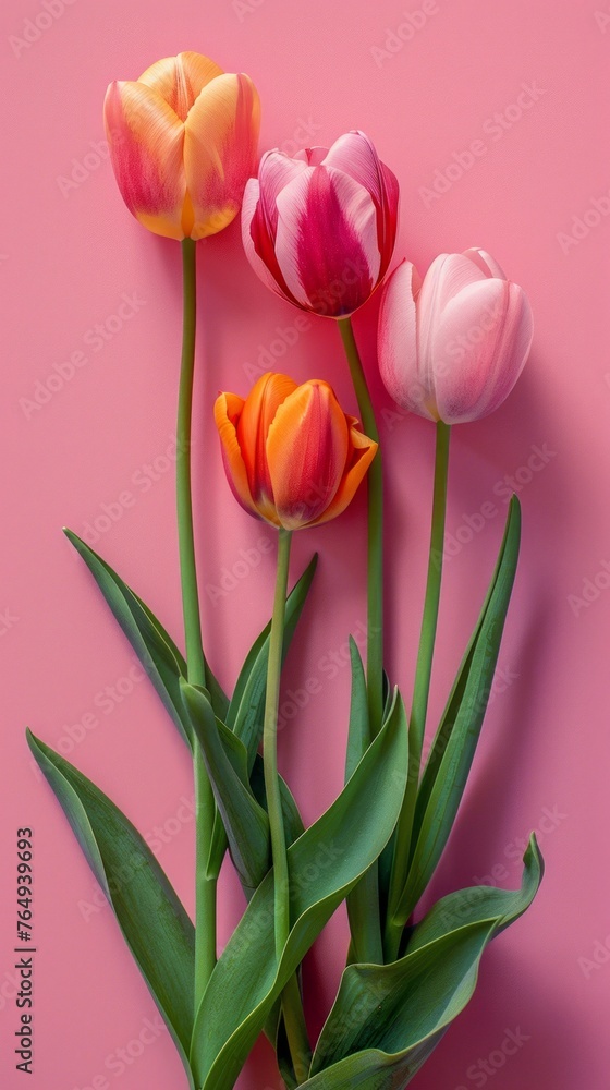 Naklejka premium A trio of distinct tulip bouquets stand out against the pink canvas with contrasting hues and natural vibrancy