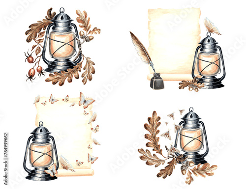 Vintage set of compositions with lantern, parchment paper sheets, inkwell with feather pen, butterflies, moths and oak leaves. Watercolor hand drawn illustration. Isolated elements for design © Susie_p_art
