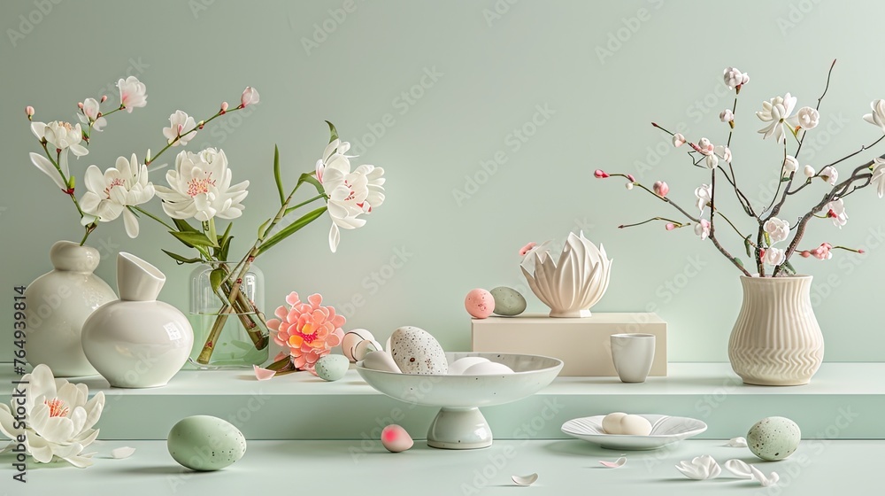 spring and Easter celebrations, characterized by light pastel colors, floral motifs, relief paintings, and generous whitespace for textual content.