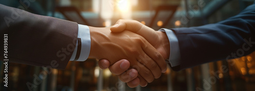 Business agreement contract dealing businessman handshake close up hand with blur city building and office.