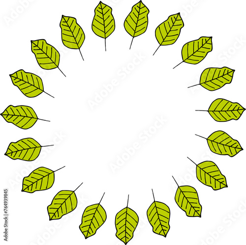 Round frame with wondrous bright green leaves on white background. Vector image.