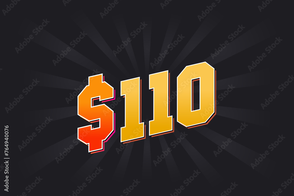 110 Dollar American Money vector text symbol. $110 USD United States Dollar stock vector