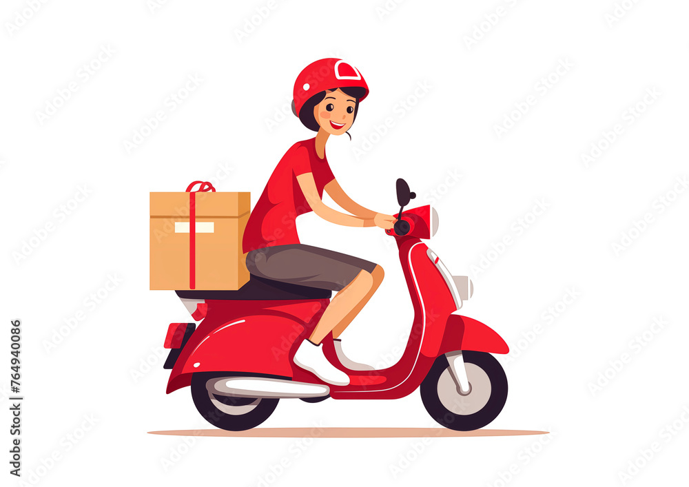 red scooter food delivery service - moped fast package delivery woman illustration. red scooter food delivery service - moped fast package delivery woman illustration.