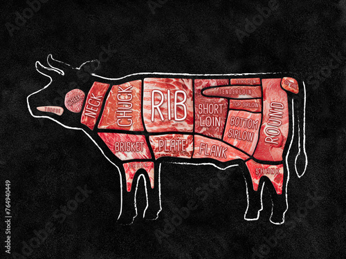 Butcher diagram Cow. Meat cuts. Diagrams for butcher shop. Scheme of beef. photo