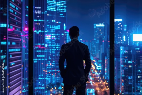 Successful businessman enjoying urban view at night.