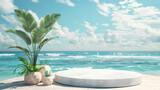 Summer tropical background, Podium on sand beach on sea background, Mock up for the exhibitions, Presentation of products