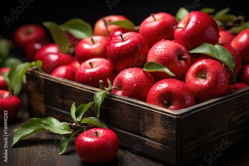 Red apples mature wooden box. superior view with space for your text., generative IA