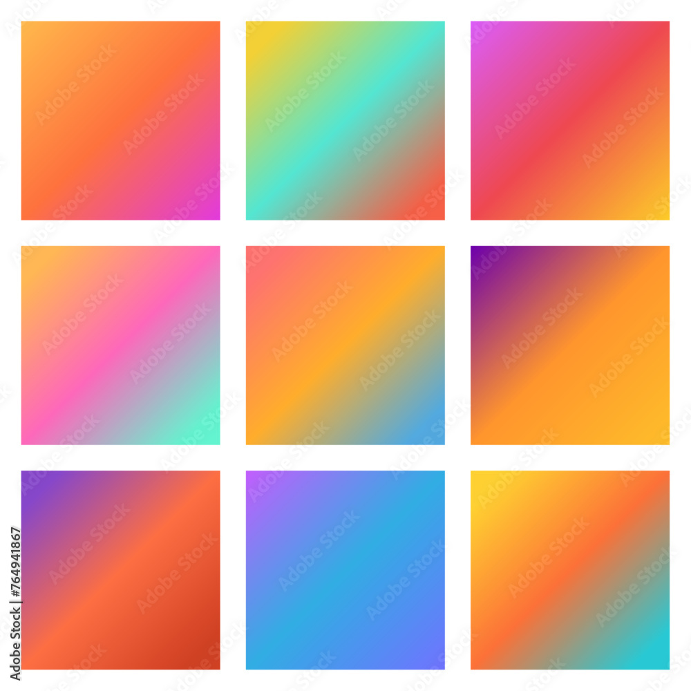 Set of 9 beautiful bright vector gradient backgrounds for your social media. Catchy colourful square wallpapers. Trendy gradient templates set.