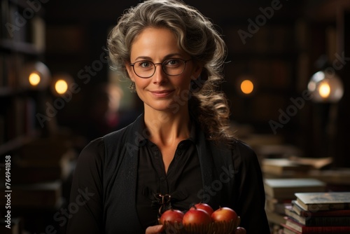 Smiling teacher holding a lot of books and an apple with a copy space, generative IA