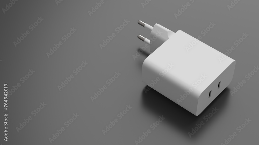 White phone charger with usb-c port on dark background. 3D illustration. White phone charger with usb-c port on dark background. 3D illustration.