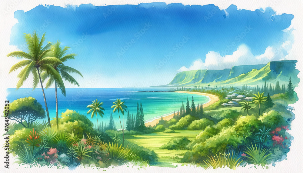 widescreen watercolor painting depicting a summer landscape in Hawaii