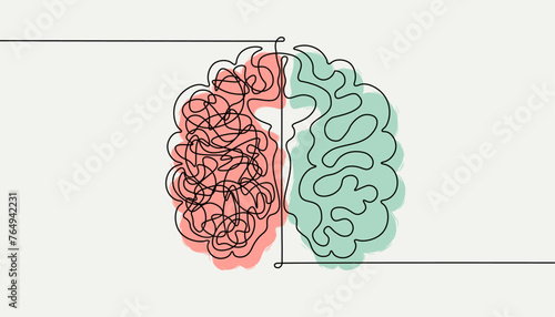 One continuous line drawing of brain. Psychotherapy process in head, concept. Cross section of the brain. Hand drawn, doodle style. 