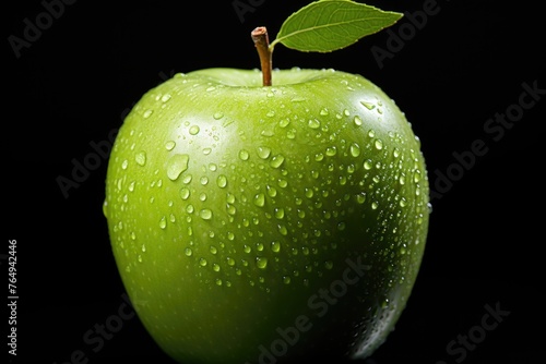 A front vision fresh and smooth green apple in the dark background vitamin healthy, generative IA