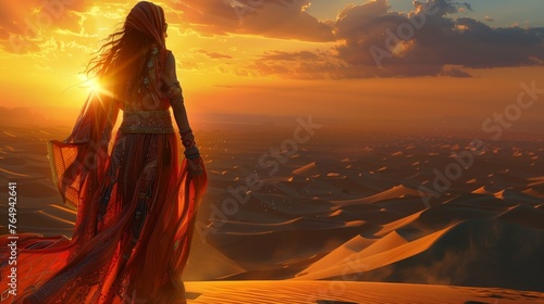 Beneath the golden rays of a desert sunset, a nomadic queen traverses the dunes, her attire a testament to her strength and resilience. 

 photo