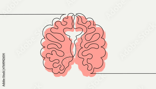 One continuous line drawing of brain. 
Cross section of the brain. Hand drawn, doodle style. 