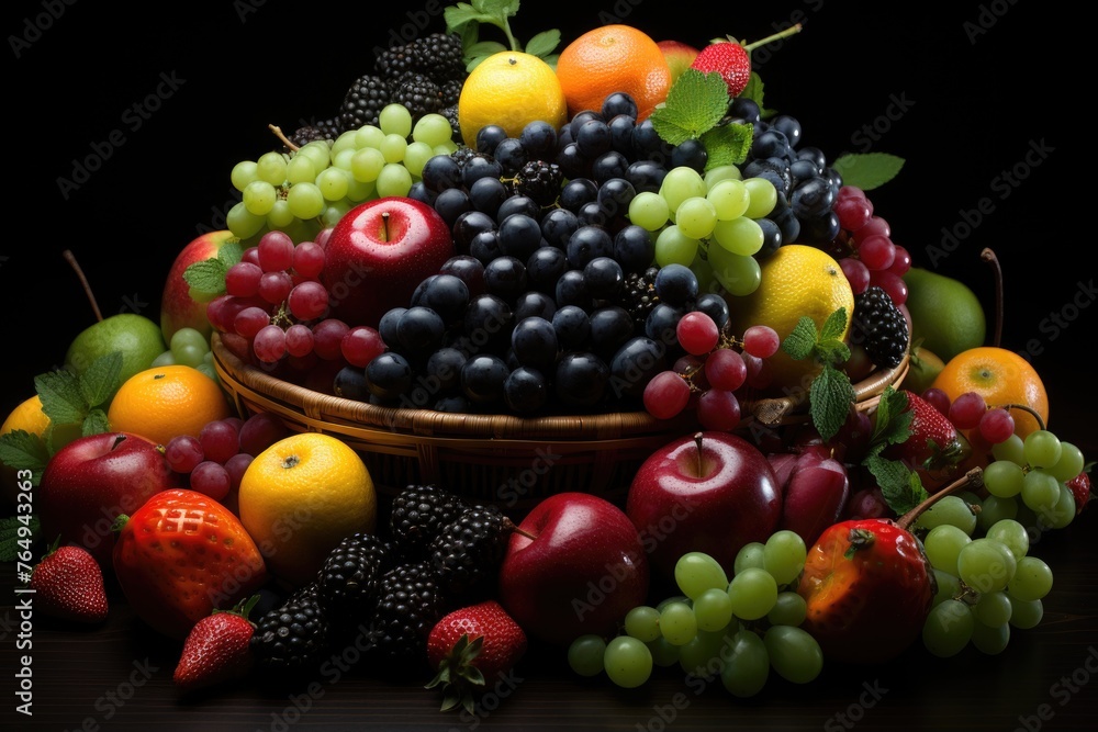 Higher view composition of different fruits ripe and mature fruits in dark backgro, generative IA