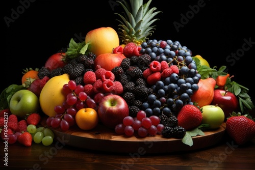 Higher view composition of different fresh and mature fruits in dark background he, generative IA