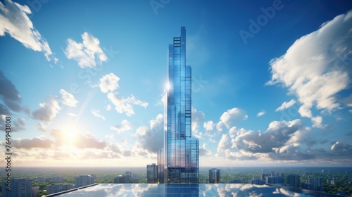 Photorealistic Tall building and behind it a beautiful and sky