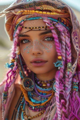Close-up of a woman with decorated braids and glitter on her face conveying a sense of mystique