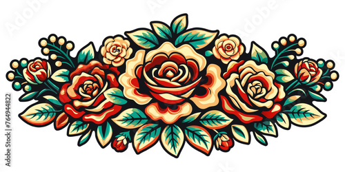 Mexico mexican roses for festival Cinco de mayo. Retro old school roses for chicano tattoo. Digital illustration of a colorful, symmetrical floral mandala design on a navy backdrop